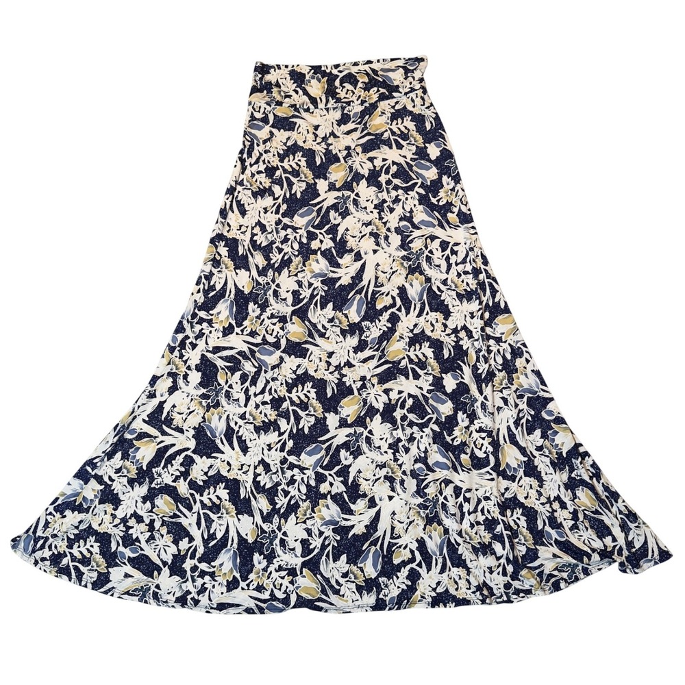 Hershe Navy Blue Floral Maxi Skirt Stretch A-Line Made in USA Size L S222 SKFC